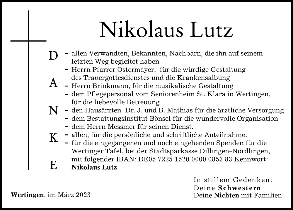 Traueranzeige von Nikolaus Lutz von Wertinger Zeitung