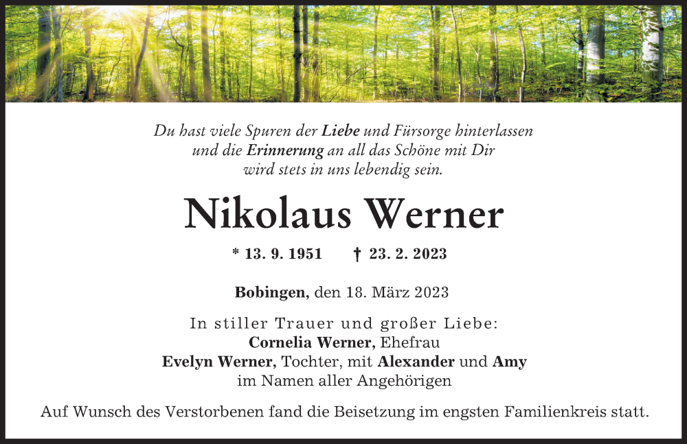  Traueranzeige für Nikolaus Werner vom 18.03.2023 aus Schwabmünchner Allgemeine