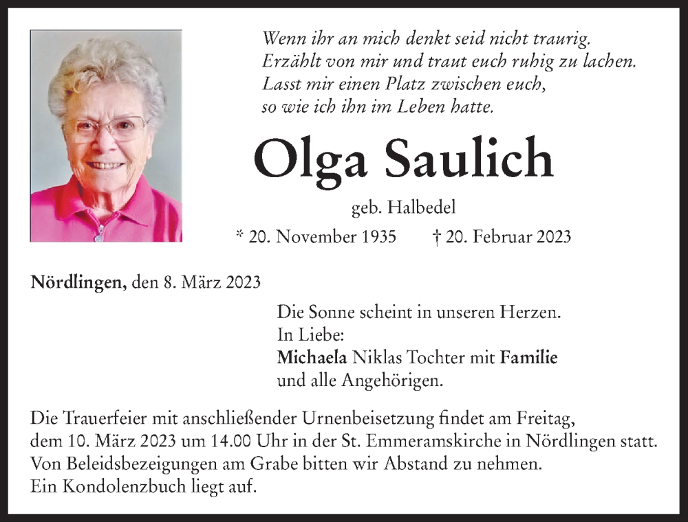  Traueranzeige für Olga Saulich vom 08.03.2023 aus Rieser Nachrichten