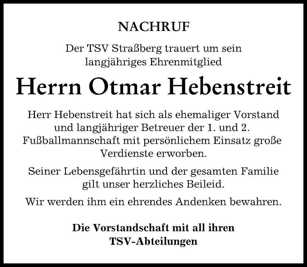  Traueranzeige für Otmar Hebenstreit vom 15.03.2023 aus Schwabmünchner Allgemeine
