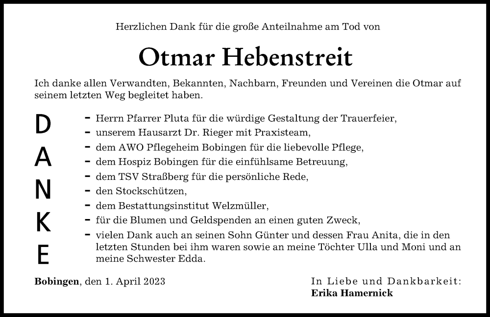  Traueranzeige für Otmar Hebenstreit vom 01.04.2023 aus Schwabmünchner Allgemeine