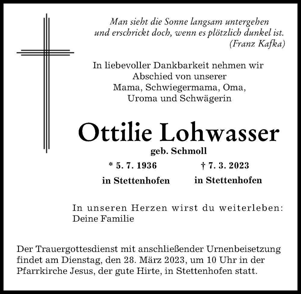  Traueranzeige für Ottilie Lohwasser vom 25.03.2023 aus Augsburg-Land