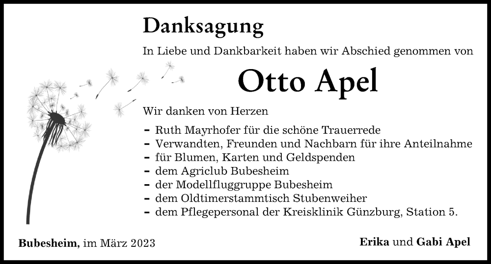 Traueranzeige von Otto Apel von Günzburger Zeitung