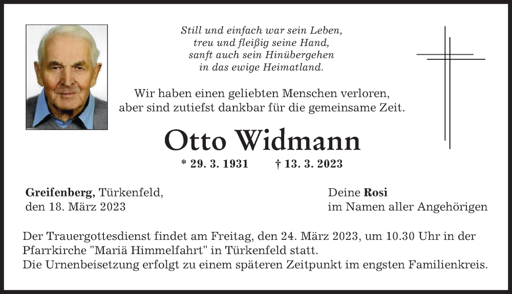  Traueranzeige für Otto Widmann vom 18.03.2023 aus Landsberger Tagblatt