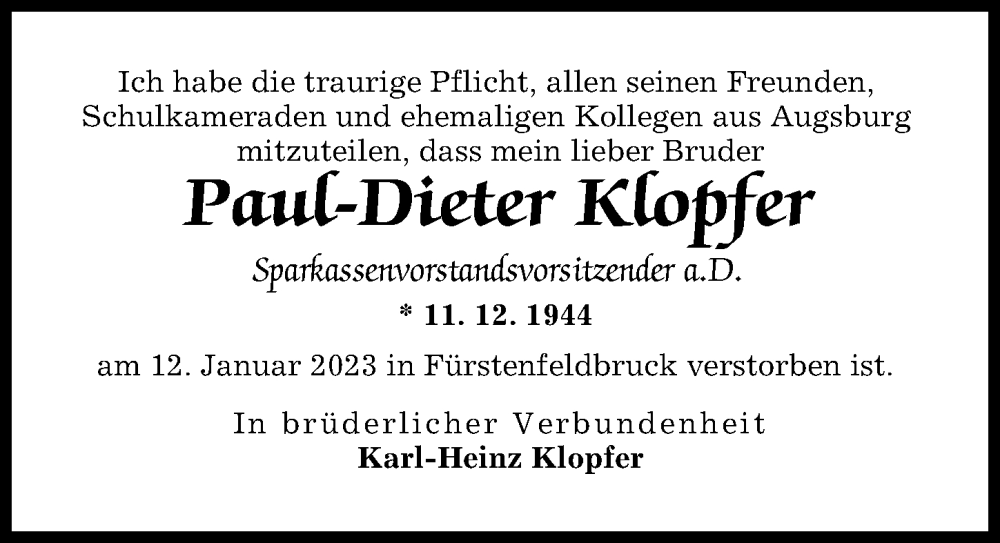 Traueranzeige von Paul-Dieter Klopfer von Augsburger Allgemeine