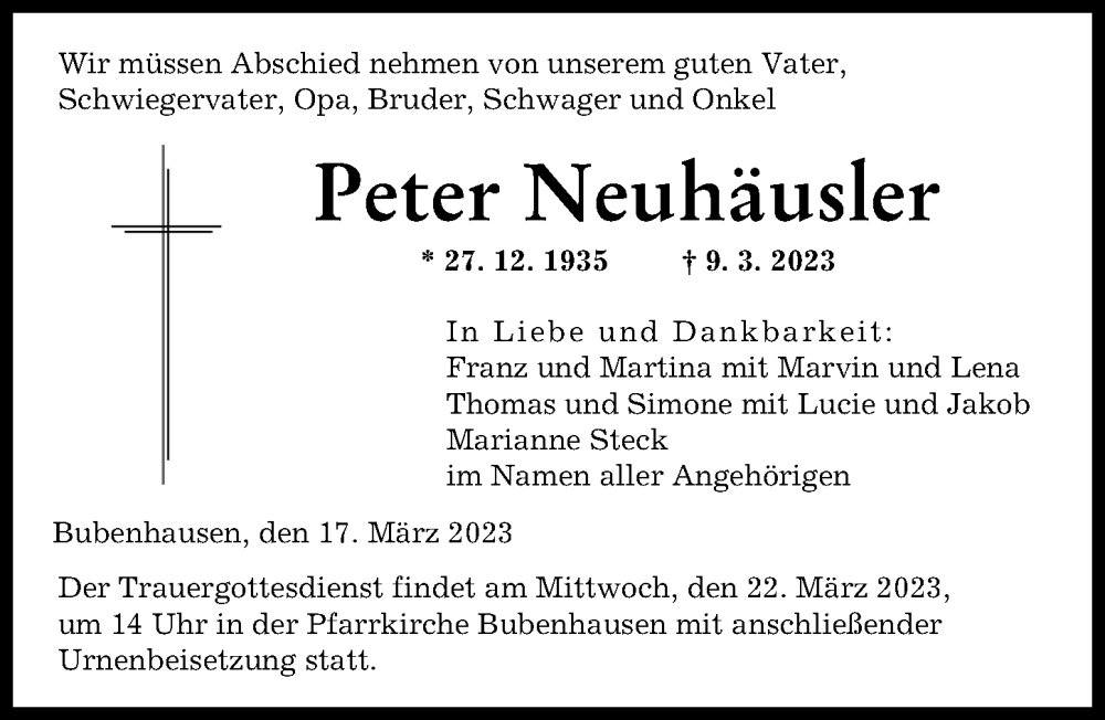  Traueranzeige für Peter Neuhäusler vom 17.03.2023 aus Illertisser Zeitung
