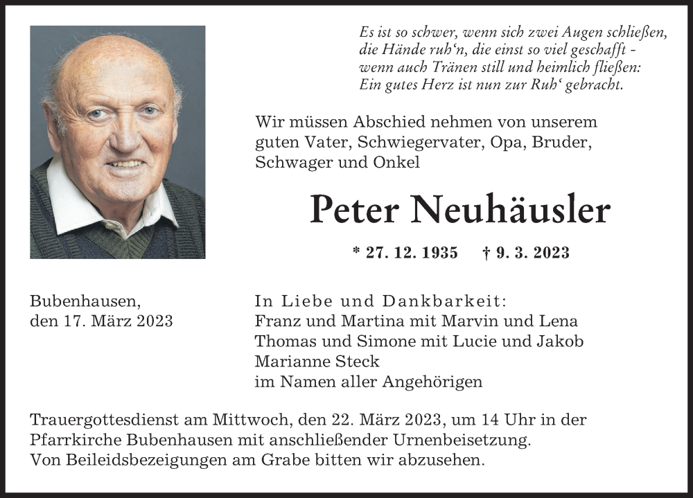  Traueranzeige für Peter Neuhäusler vom 17.03.2023 aus Neu-Ulmer Zeitung