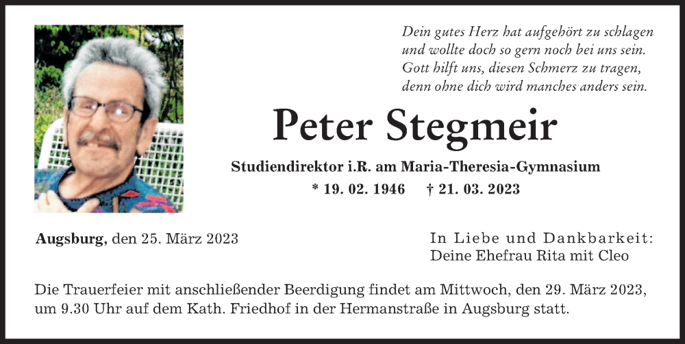  Traueranzeige für Peter Stegmeir vom 25.03.2023 aus Augsburger Allgemeine