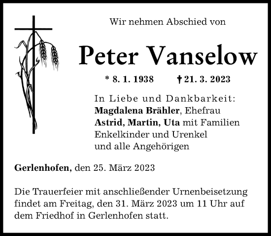 Traueranzeigen Von Peter Vanselow Augsburger Allgemeine Zeitung