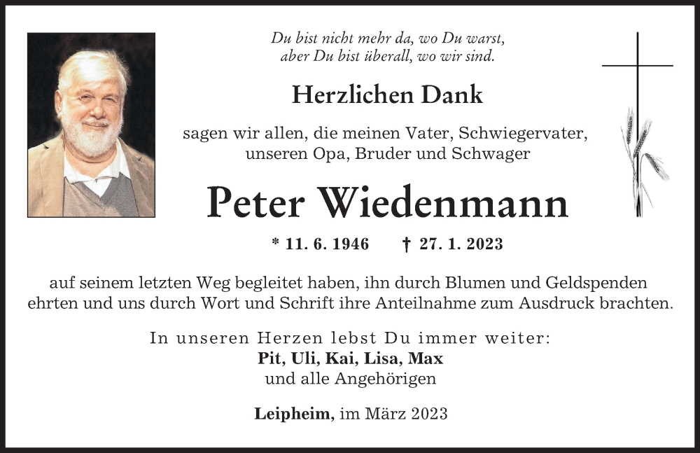Traueranzeige von Peter Wiedenmann von Günzburger Zeitung