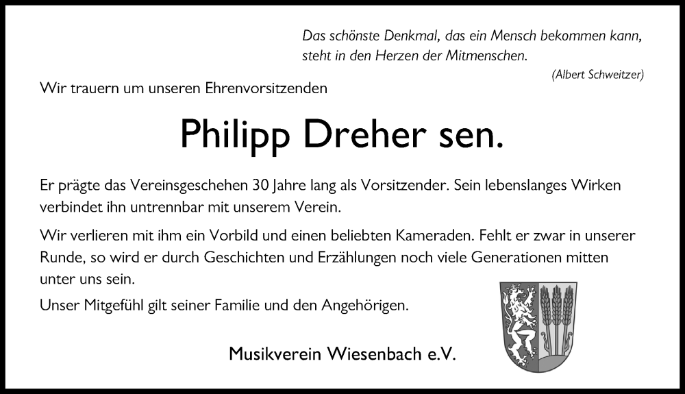  Traueranzeige für Philipp Dreher vom 31.03.2023 aus Mittelschwäbische Nachrichten