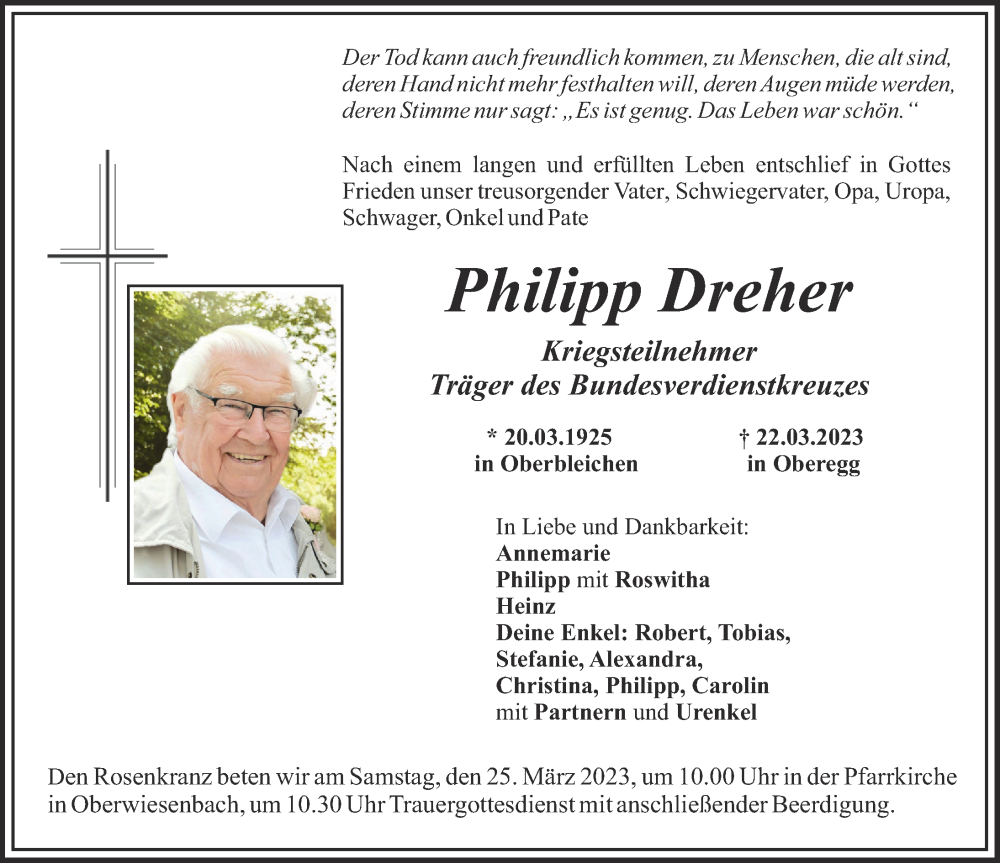  Traueranzeige für Philipp Dreher vom 24.03.2023 aus Mindelheimer Zeitung, Mittelschwäbische Nachrichten, Günzburger Zeitung