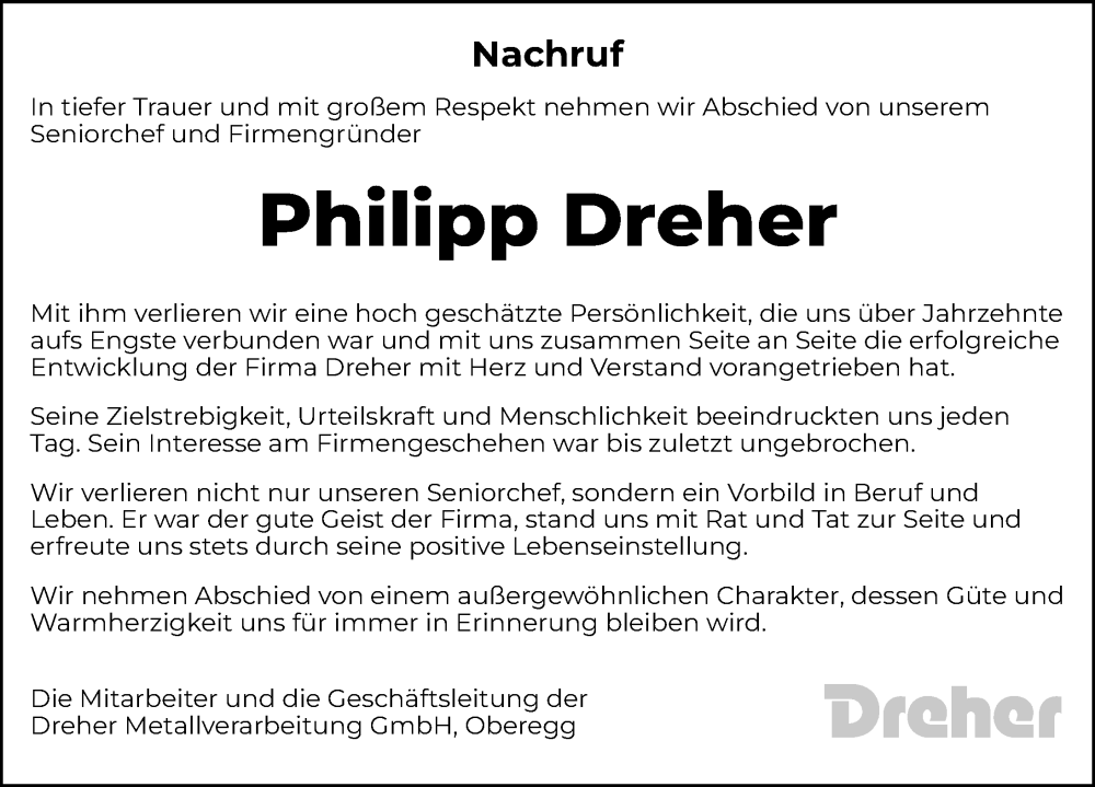 Traueranzeige für Philipp Dreher vom 25.03.2023 aus Günzburger Zeitung, Mittelschwäbische Nachrichten