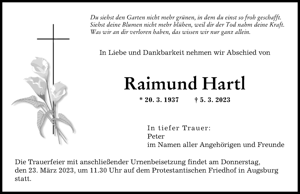  Traueranzeige für Raimund Hartl vom 18.03.2023 aus Augsburger Allgemeine