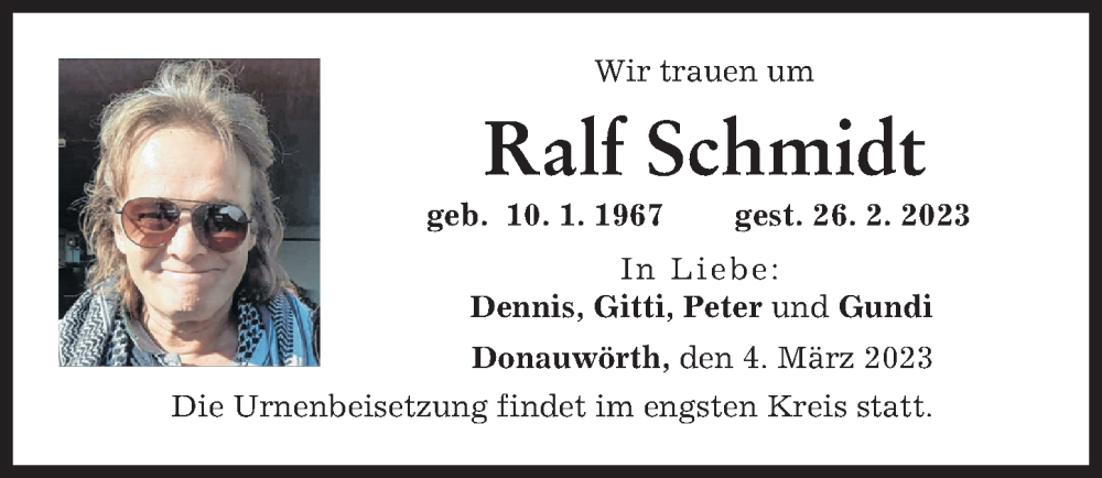 Traueranzeige von Ralf Schmidt von Donauwörther Zeitung