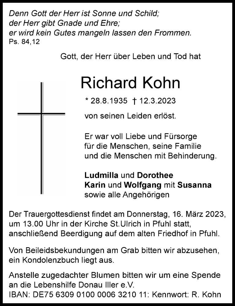 Traueranzeige von Richard Kohn von Augsburger Allgemeine, Neu-Ulmer Zeitung