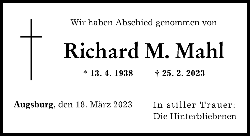  Traueranzeige für Richard M. Mahl vom 18.03.2023 aus Augsburger Allgemeine