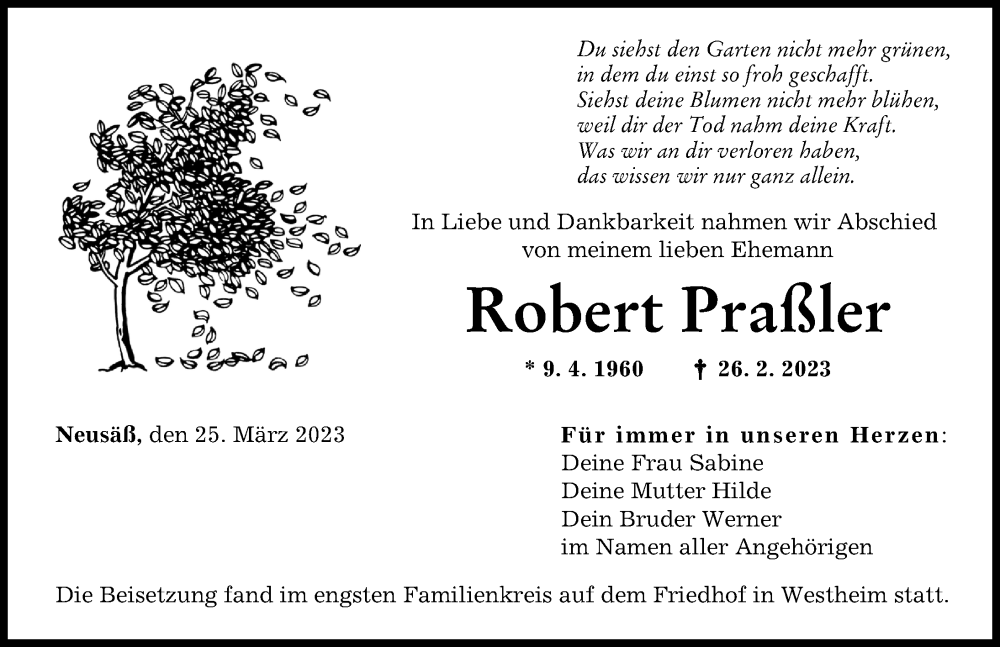  Traueranzeige für Robert Praßler vom 25.03.2023 aus Augsburger Allgemeine
