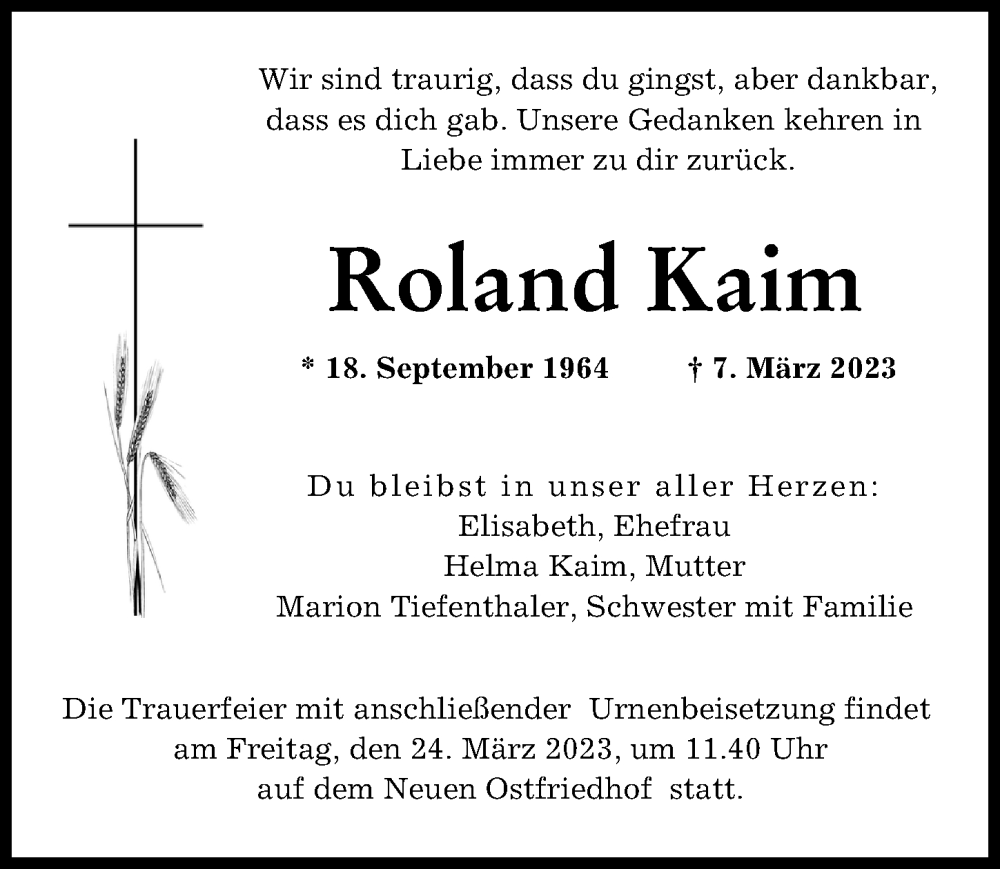  Traueranzeige für Roland Kaim vom 18.03.2023 aus Augsburger Allgemeine