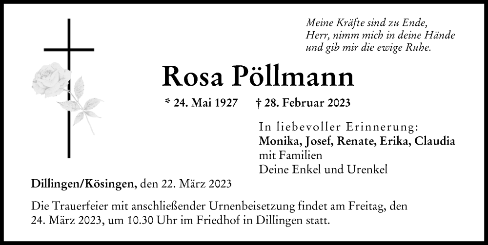  Traueranzeige für Rosa Pöllmann vom 22.03.2023 aus Donau Zeitung