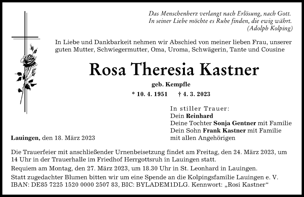  Traueranzeige für Rosa Theresia Kastner vom 18.03.2023 aus Donau Zeitung