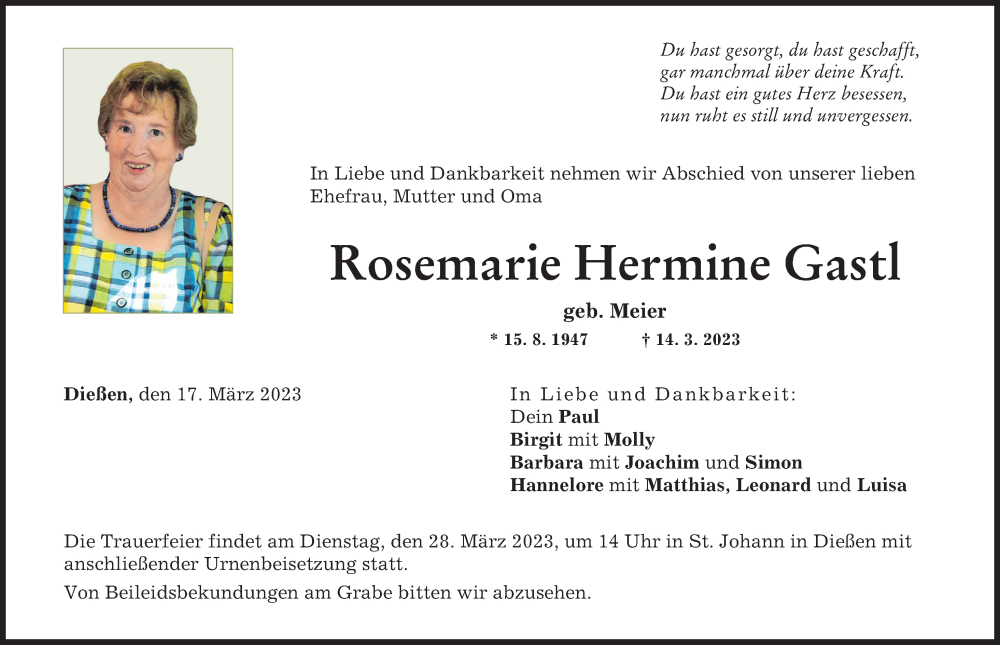 Traueranzeige von Rosemarie Hermine Gastl von Ammersee Kurier, Landsberger Tagblatt