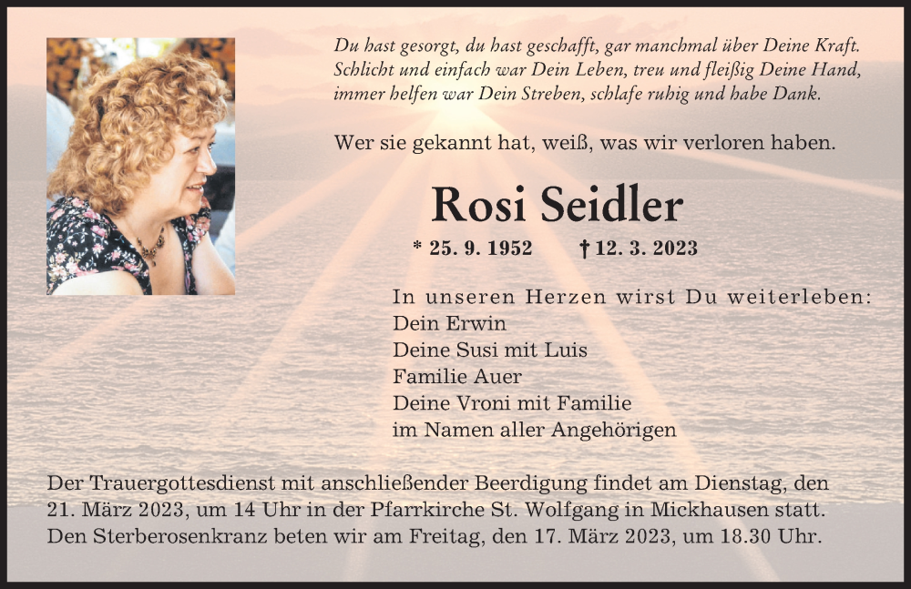  Traueranzeige für Rosi Seidler vom 16.03.2023 aus Schwabmünchner Allgemeine, Augsburger Allgemeine