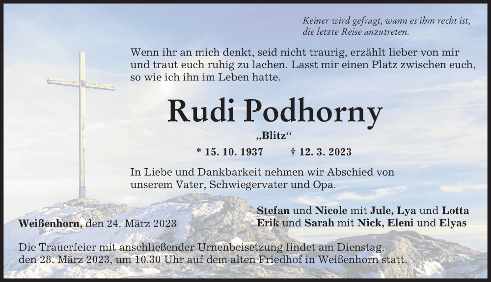  Traueranzeige für Rudi Podhorny vom 24.03.2023 aus Neu-Ulmer Zeitung