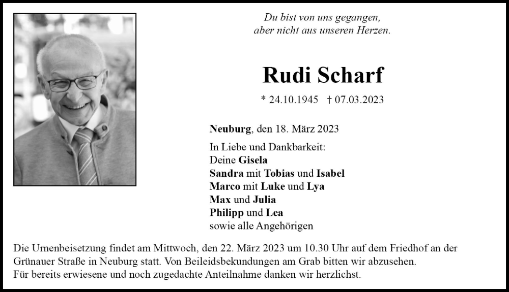  Traueranzeige für Rudi Scharf vom 18.03.2023 aus Neuburger Rundschau