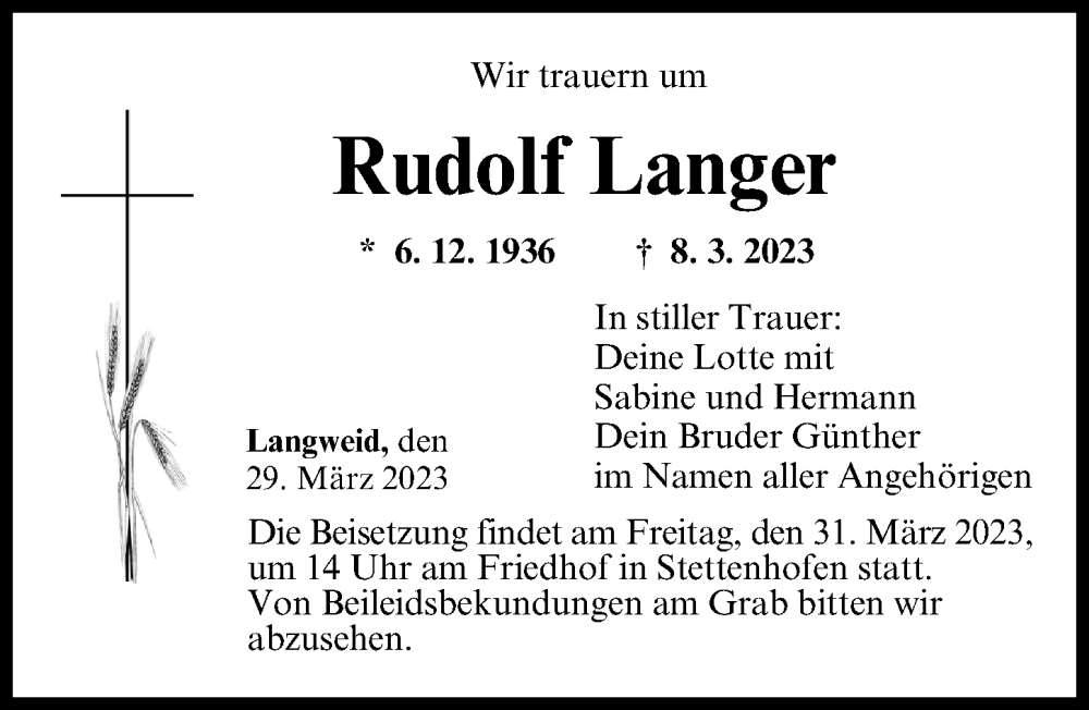 Traueranzeige von Rudolf Langer von Augsburger Allgemeine