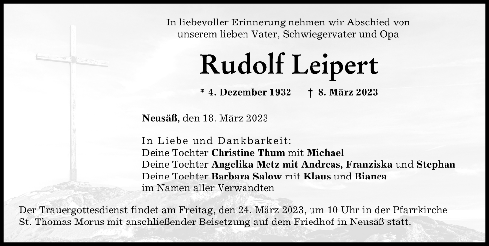  Traueranzeige für Rudolf Leipert vom 18.03.2023 aus Augsburger Allgemeine