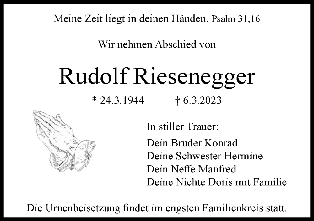 Traueranzeige von Rudolf Riesenegger von Neu-Ulmer Zeitung
