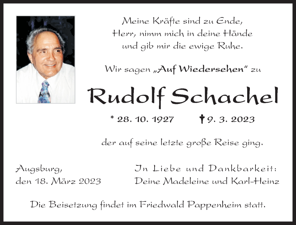  Traueranzeige für Rudolf Schachel vom 18.03.2023 aus Augsburger Allgemeine