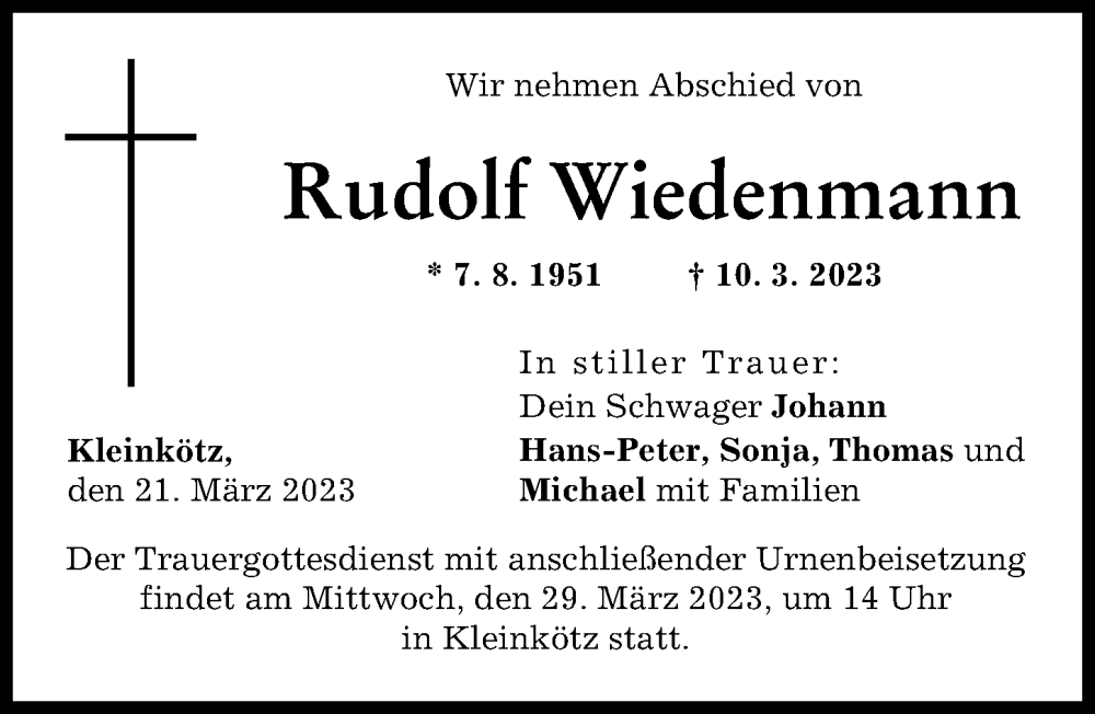  Traueranzeige für Rudolf Wiedenmann vom 21.03.2023 aus Günzburger Zeitung