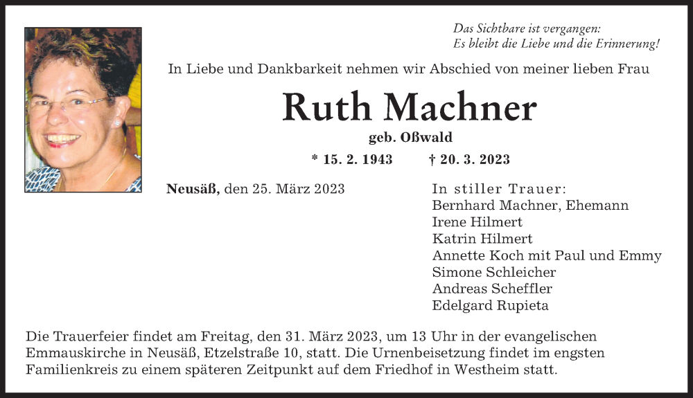  Traueranzeige für Ruth Machner vom 25.03.2023 aus Augsburger Allgemeine