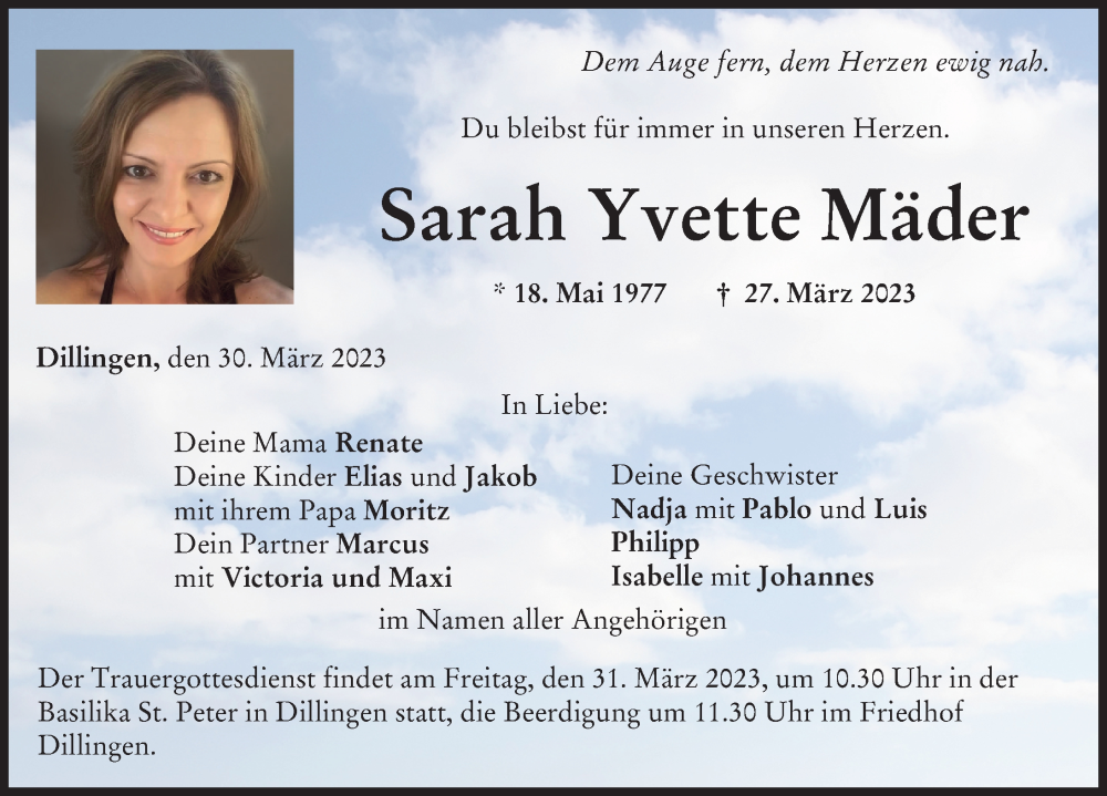  Traueranzeige für Sarah Yvette Mäder vom 30.03.2023 aus Donau Zeitung