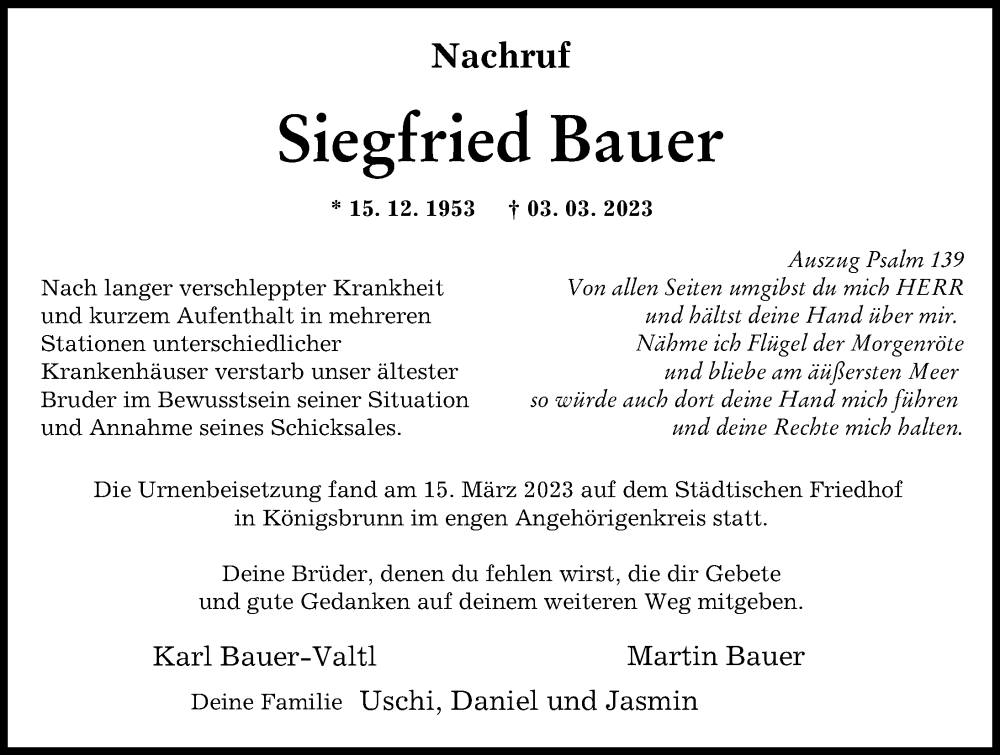  Traueranzeige für Siegfried Bauer vom 18.03.2023 aus Augsburger Allgemeine