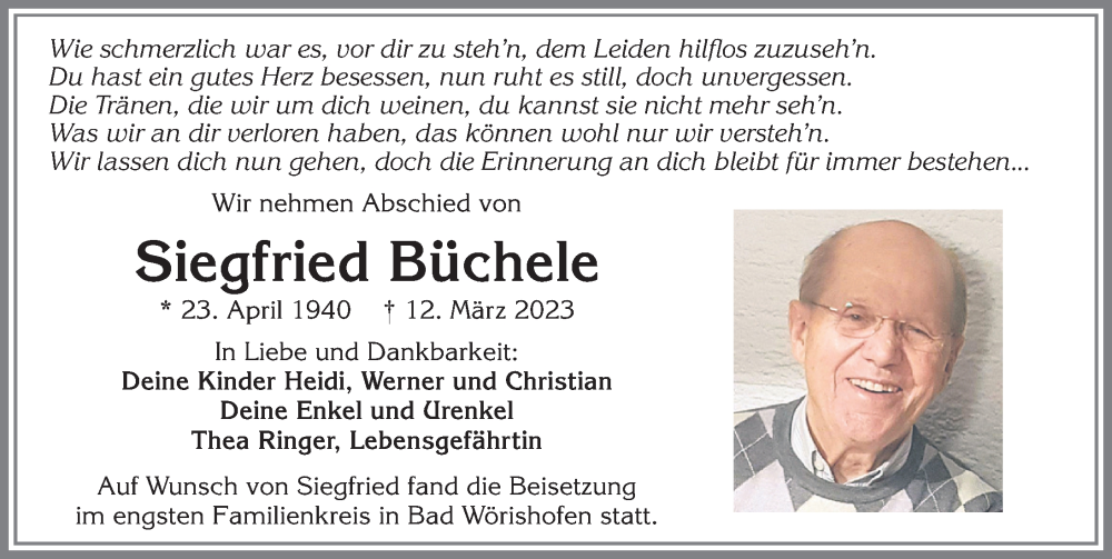 Traueranzeige von Siegfried Büchele von Mindelheimer Zeitung