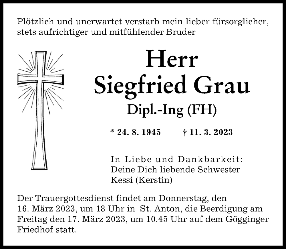  Traueranzeige für Siegfried Grau vom 15.03.2023 aus Landsberger Tagblatt, Augsburger Allgemeine