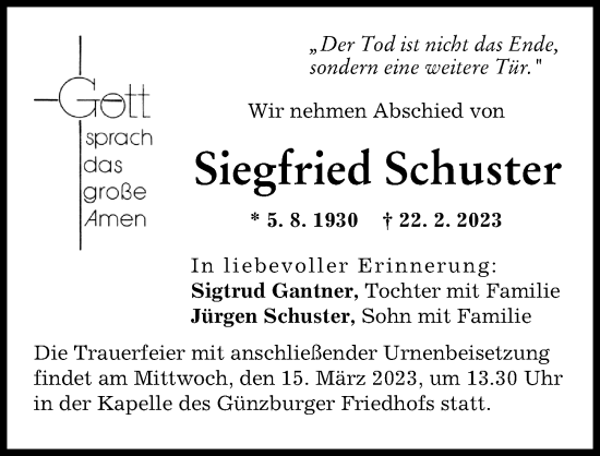 Traueranzeige von Siegfried Schuster von Günzburger Zeitung