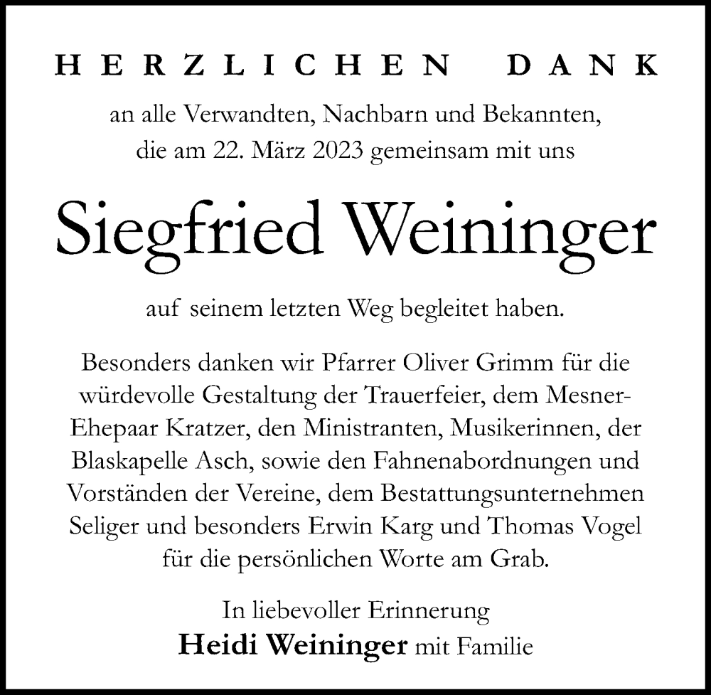  Traueranzeige für Siegfried Weininger vom 25.03.2023 aus Landsberger Tagblatt