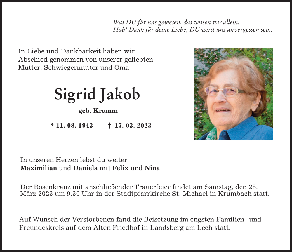  Traueranzeige für Sigrid Jakob vom 23.03.2023 aus Mittelschwäbische Nachrichten
