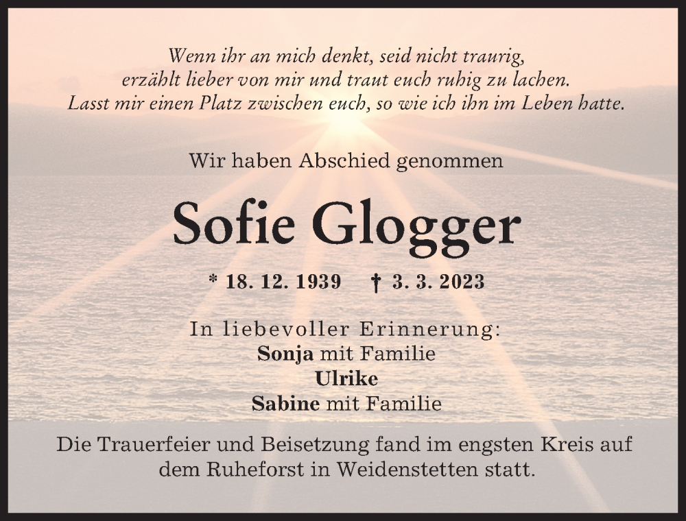  Traueranzeige für Sofie Glogger vom 25.03.2023 aus Günzburger Zeitung