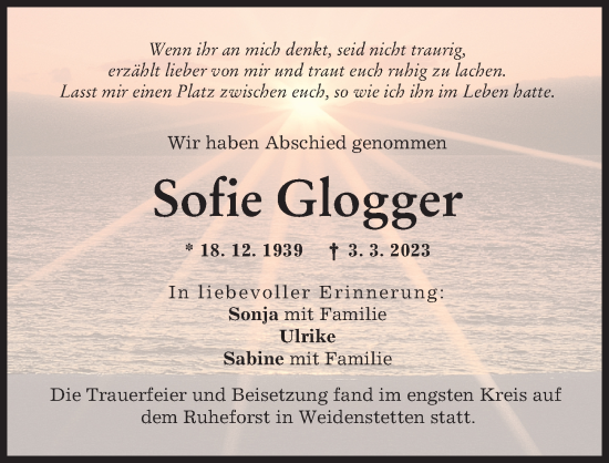 Traueranzeige von Sofie Glogger von Günzburger Zeitung