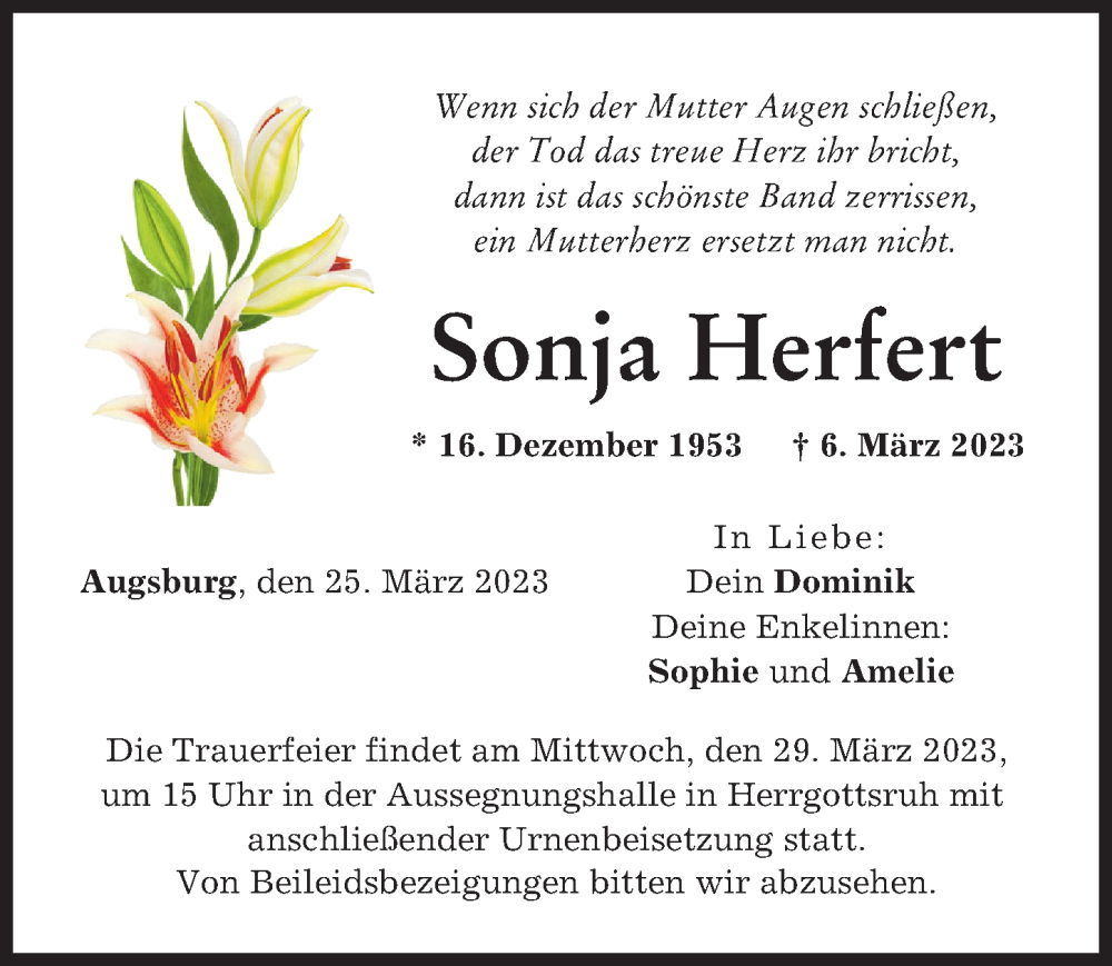  Traueranzeige für Sonja Herfert vom 25.03.2023 aus Friedberger Allgemeine