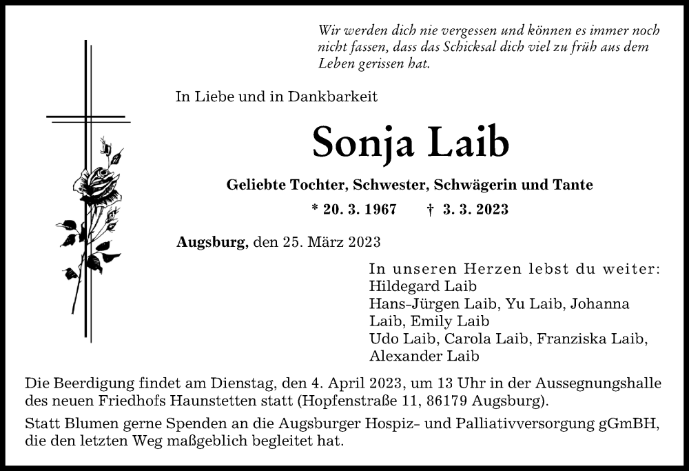  Traueranzeige für Sonja Laib vom 25.03.2023 aus Augsburger Allgemeine