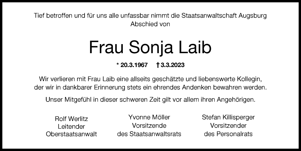  Traueranzeige für Sonja Laib vom 25.03.2023 aus Augsburger Allgemeine