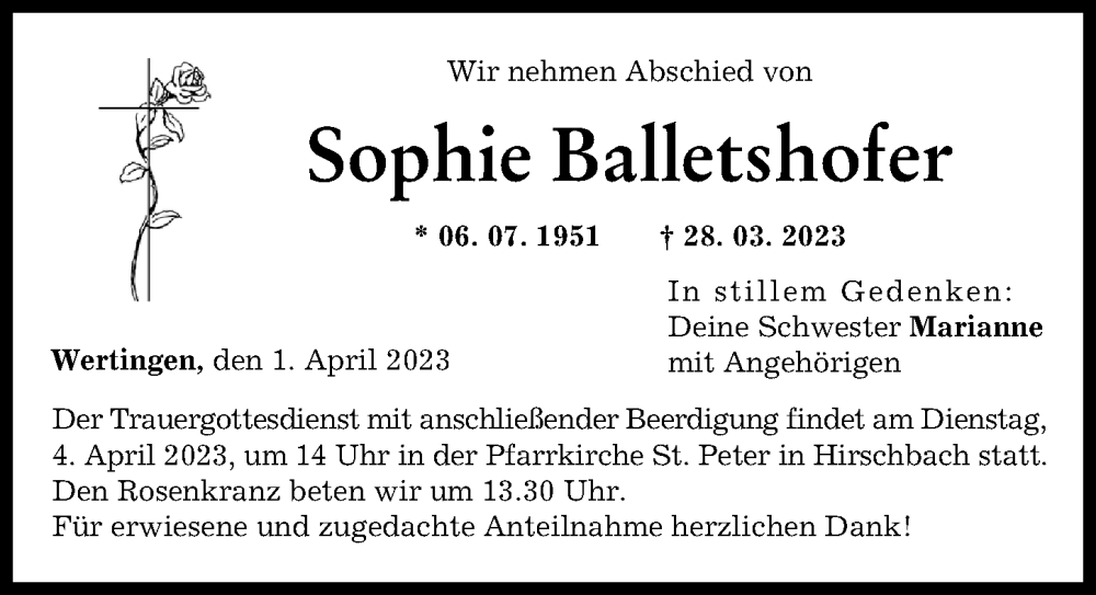 Traueranzeige von Sophie Balletshofer von Wertinger Zeitung, Donau Zeitung