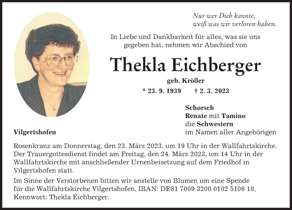  Traueranzeige für Thekla Eichberger vom 18.03.2023 aus Landsberger Tagblatt