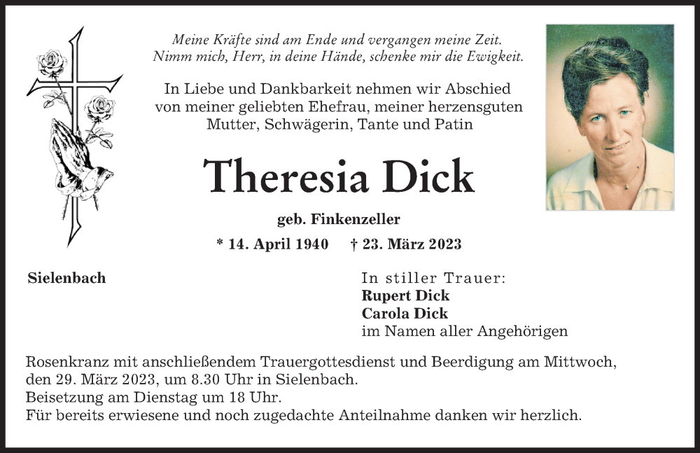  Traueranzeige für Theresia Dick vom 25.03.2023 aus Aichacher Nachrichten